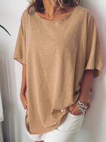 Khaki Loose Round Neck Short Sleeve Shirt