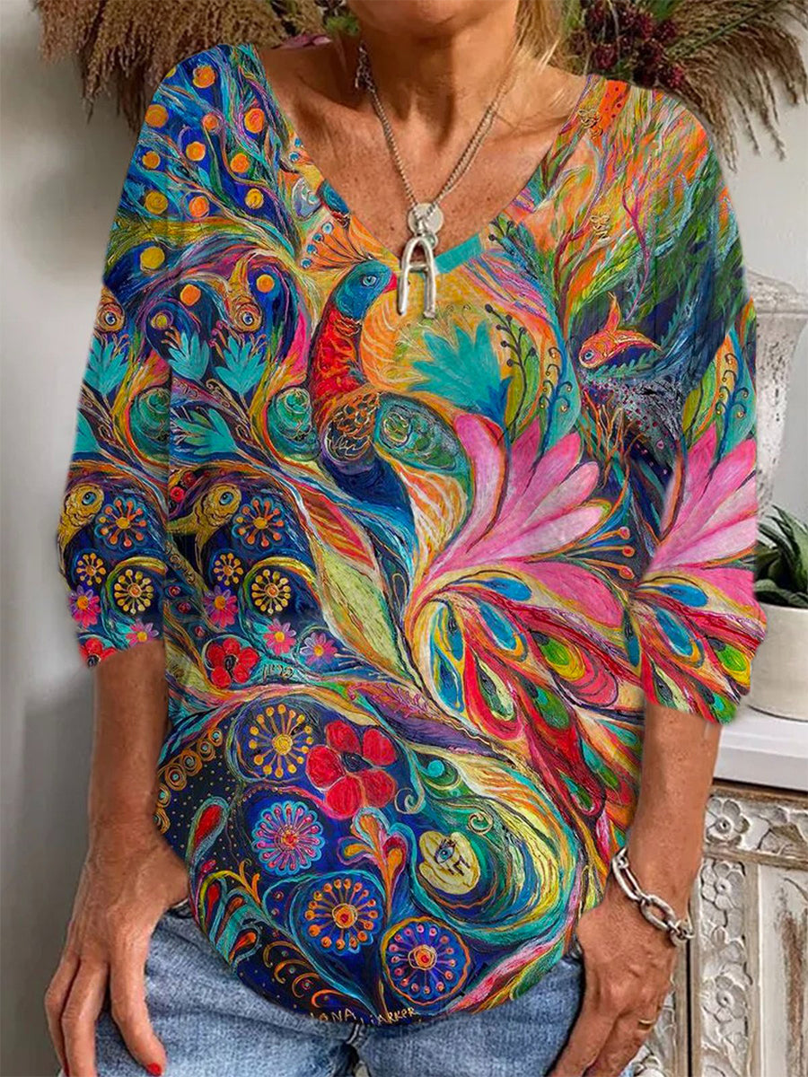 Bunte, abstrakte Bluse mit V-Ausschnitt und langen Ärmeln