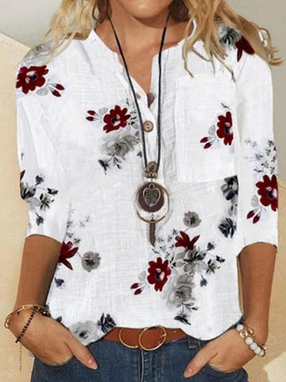 Flower Print Long Sleeve Button Stand Collar Casual Blouse