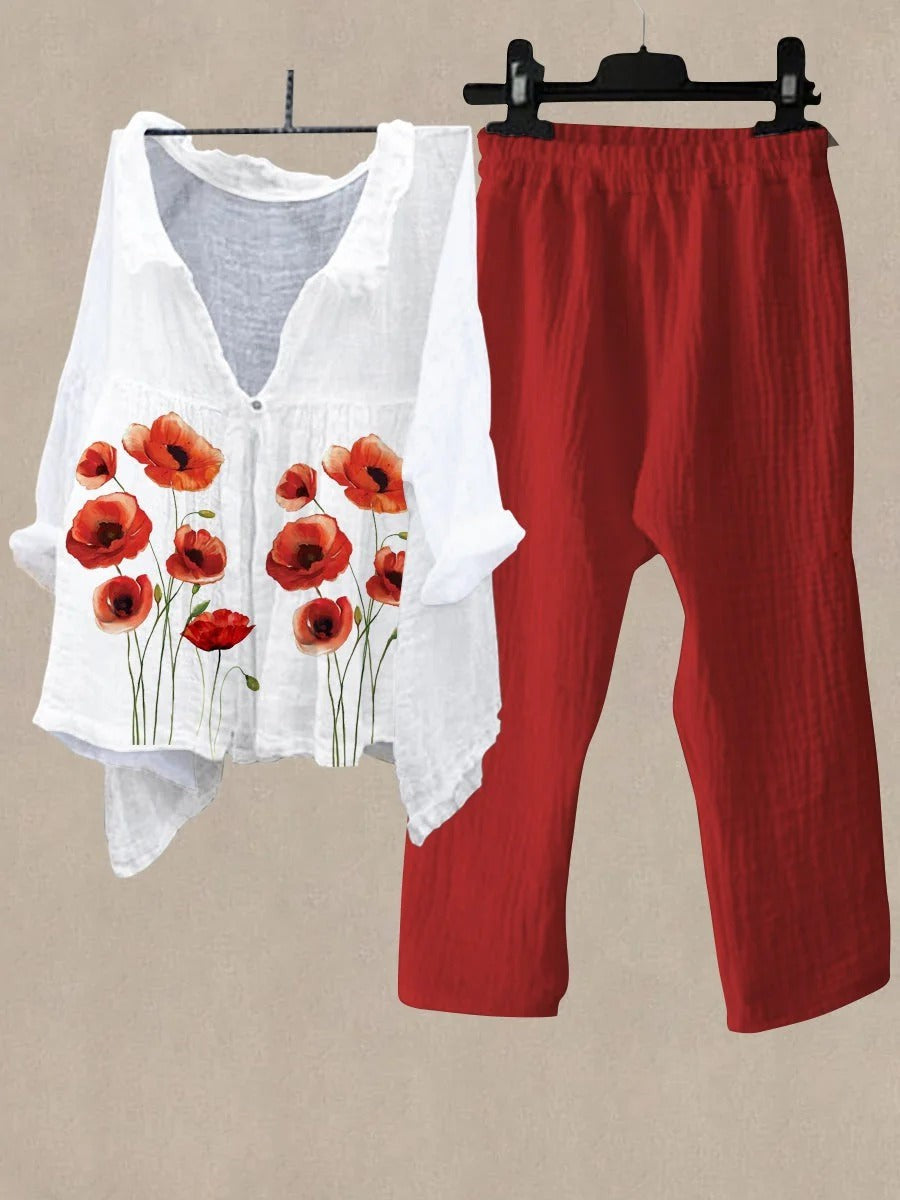 Ensemble deux pièces rouge décontracté à col en V et imprimé floral, idéal pour tous les jours