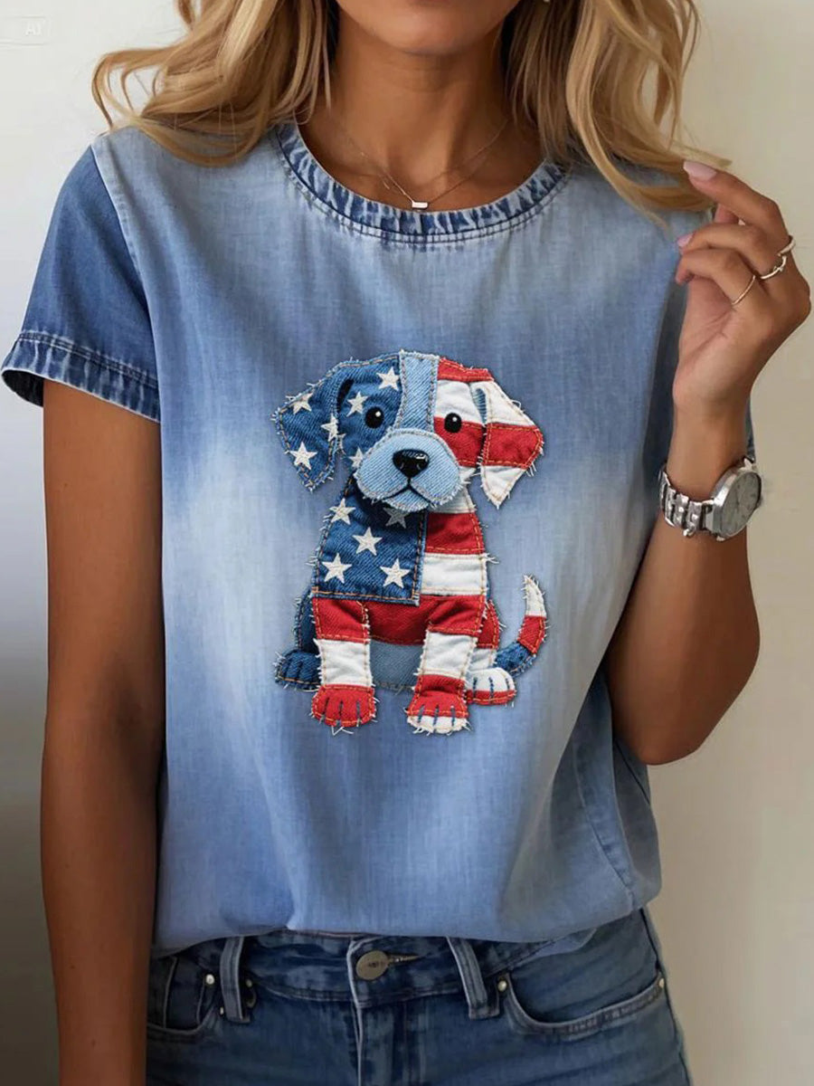 Haut bleu groovy à col rond et manches courtes