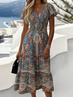 Robe midi à manches courtes et col en V à imprimé cachemire unique