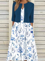 Lässiges, elegantes zweiteiliges Kleid mit Blumenmuster, V-Ausschnitt und halben Ärmeln, bedruckt