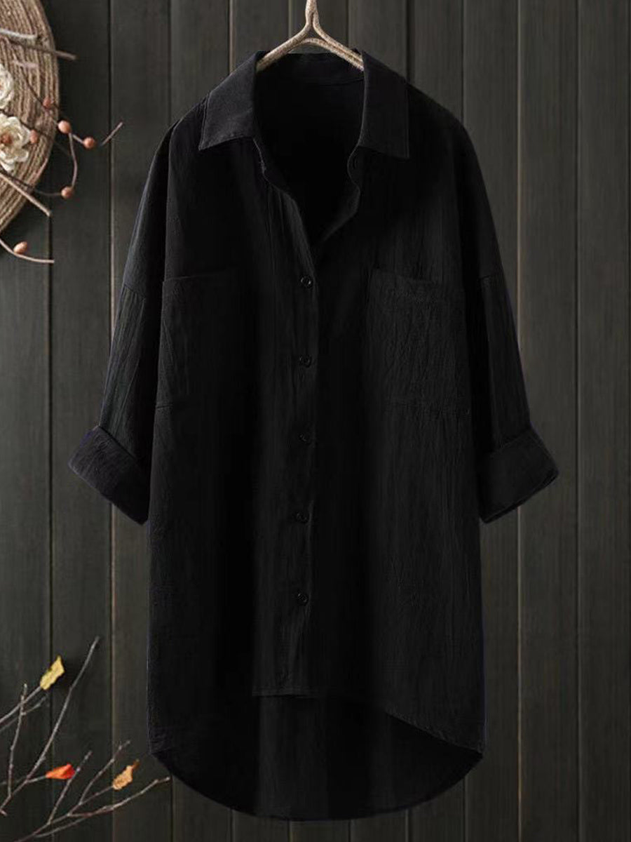 Haut ample à col en V en coton et lin uni