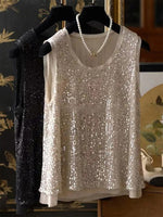 Crew Neck Plain Glitter Casual Tank Top