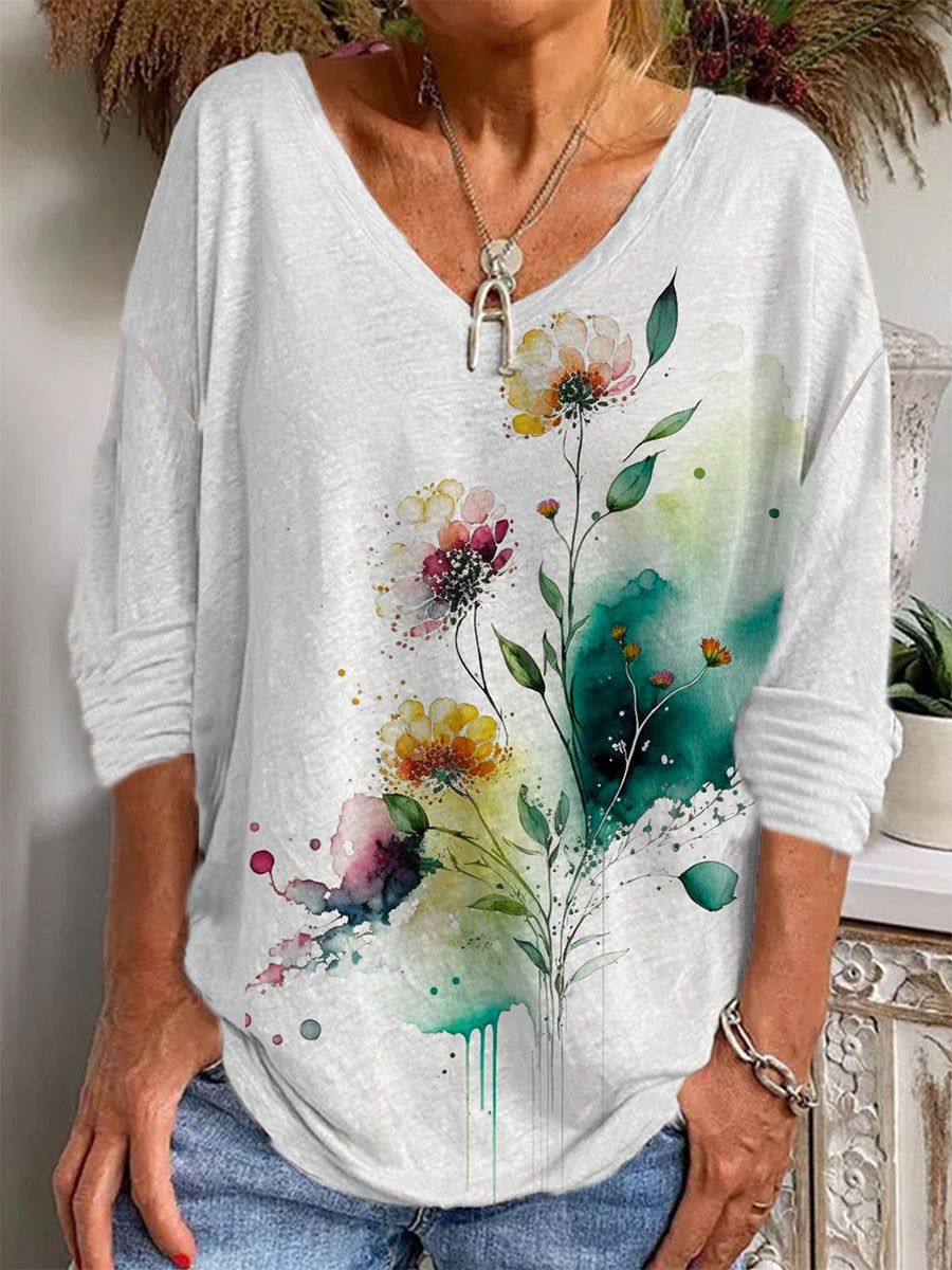 Lässige Bluse mit Blumenmuster, V-Ausschnitt und langen Ärmeln