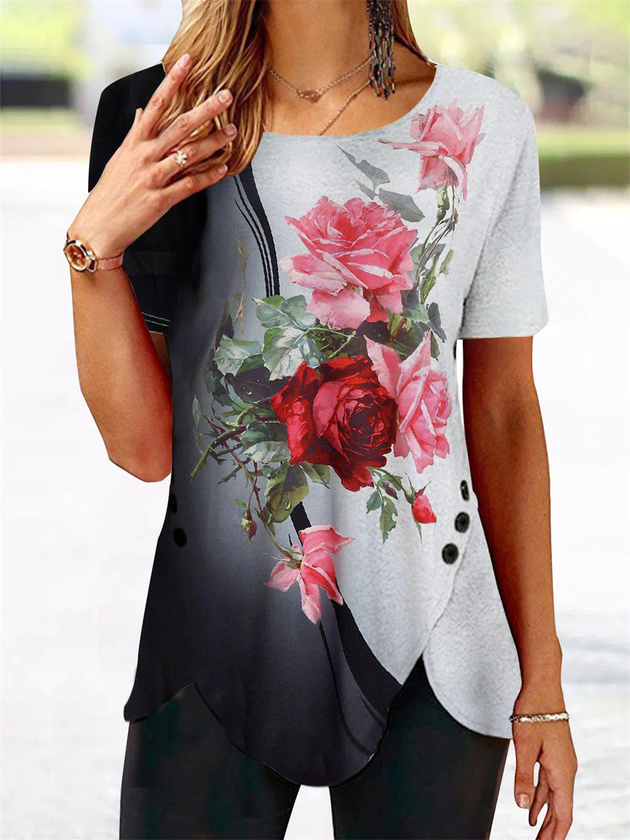 Floral Print Round Neck Short Sleeve Irregular Hem T-shirt