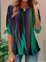 Women’s Abstract Print 3/4 Sleeve Round Neck Loose Casual Blouse