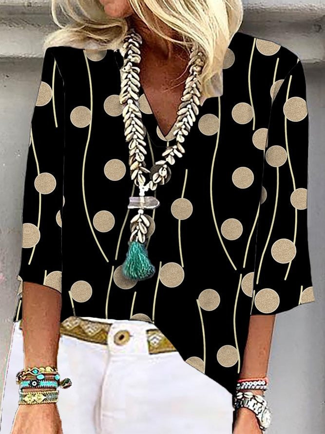 Lässige Bluse mit V-Ausschnitt, Polka-Dot-Muster und 3/4-Ärmeln
