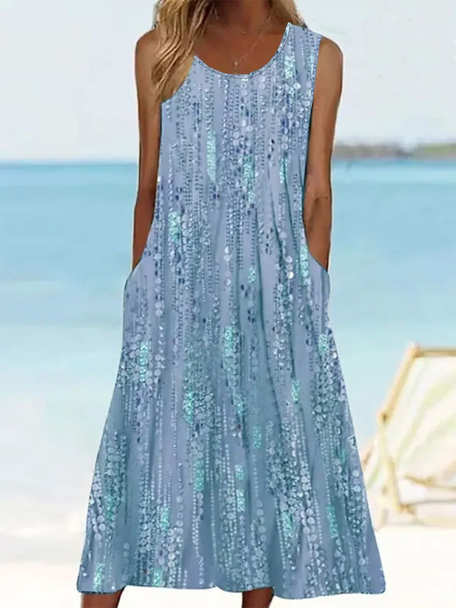 Women’s Sleeveless Blue Floral Print Casual Maxi Dress with Pockets