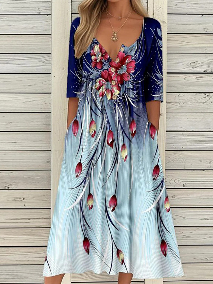 Groovy Floral Print Short Sleeve Midi Dress