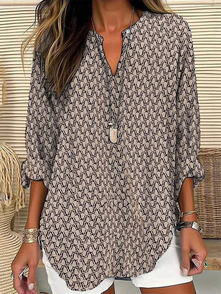 Women’s Geometric Print Loose Fit Long Sleeve Blouse