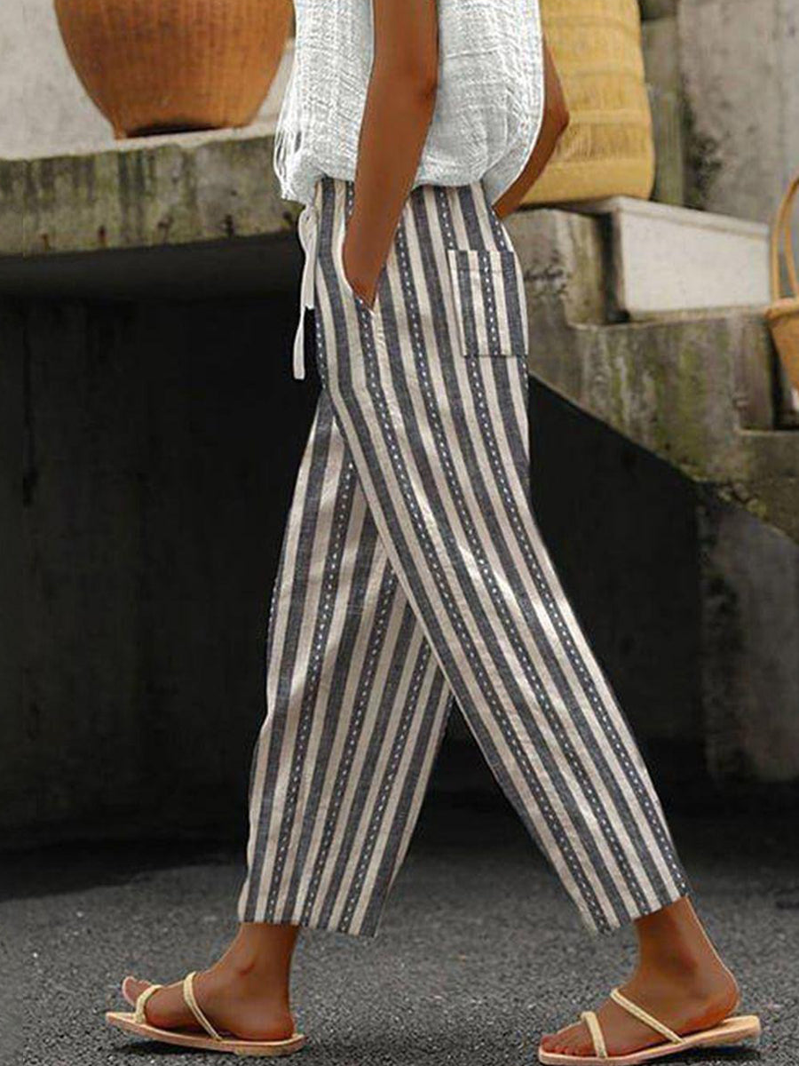 Women’s Striped Drawstring Cropped Pants with Pockets