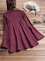 Vintage Plaid Side Button V-neck Long Sleeve Blouse