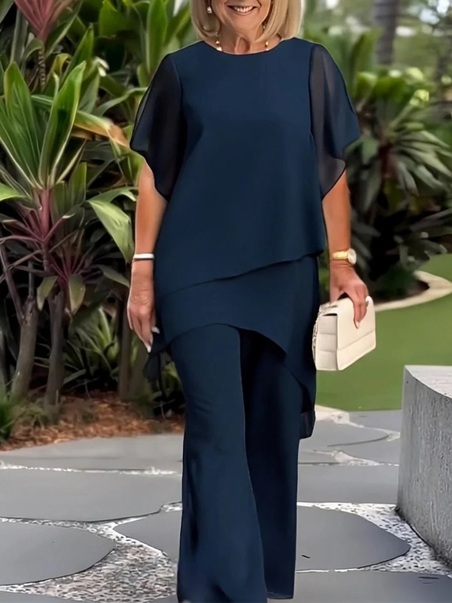 Navy Plain Round Neck Short Sleeve Two Piece Set