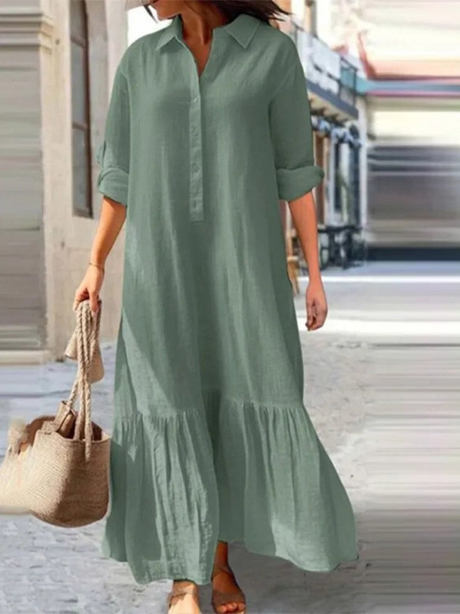 Casual Vintage Solid Lapel Long Sleeve Maxi Dress