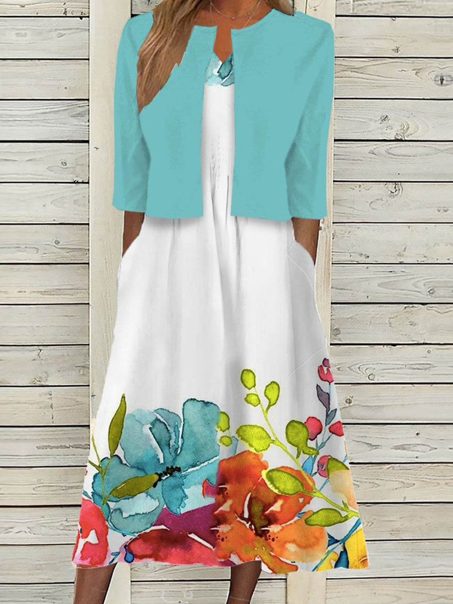 Robe midi romantique à imprimé floral avec veste
