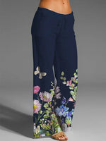 Dark Blue Casual Floral Printed Pants