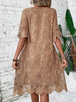 Khaki Lace Crew Neck Short Sleeve Hollow Out Short Dress