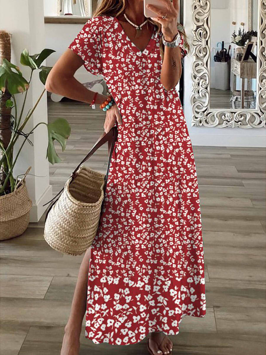Robe longue de vacances ample à fleurs, col V et manches courtes