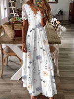 Women’s Scalloped V-Neck Floral Print Lace Sleeve Maxi Dress