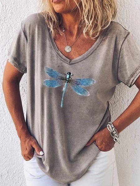 Dragonfly Printed Casual V-neck Short Sleeve T-shirt