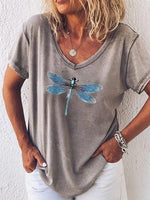 Dragonfly Printed Casual V-neck Short Sleeve T-shirt