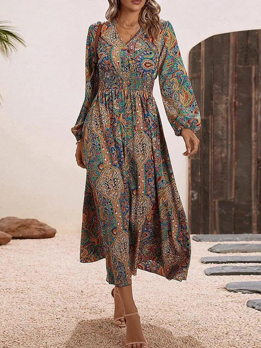 Robe midi élégante à imprimé cachemire, col en V et manches longues