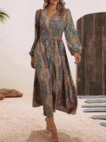 Robe midi élégante à imprimé cachemire, col en V et manches longues