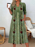 Robe midi à manches longues et col rond pour femme, imprimée de fleurs graphiques