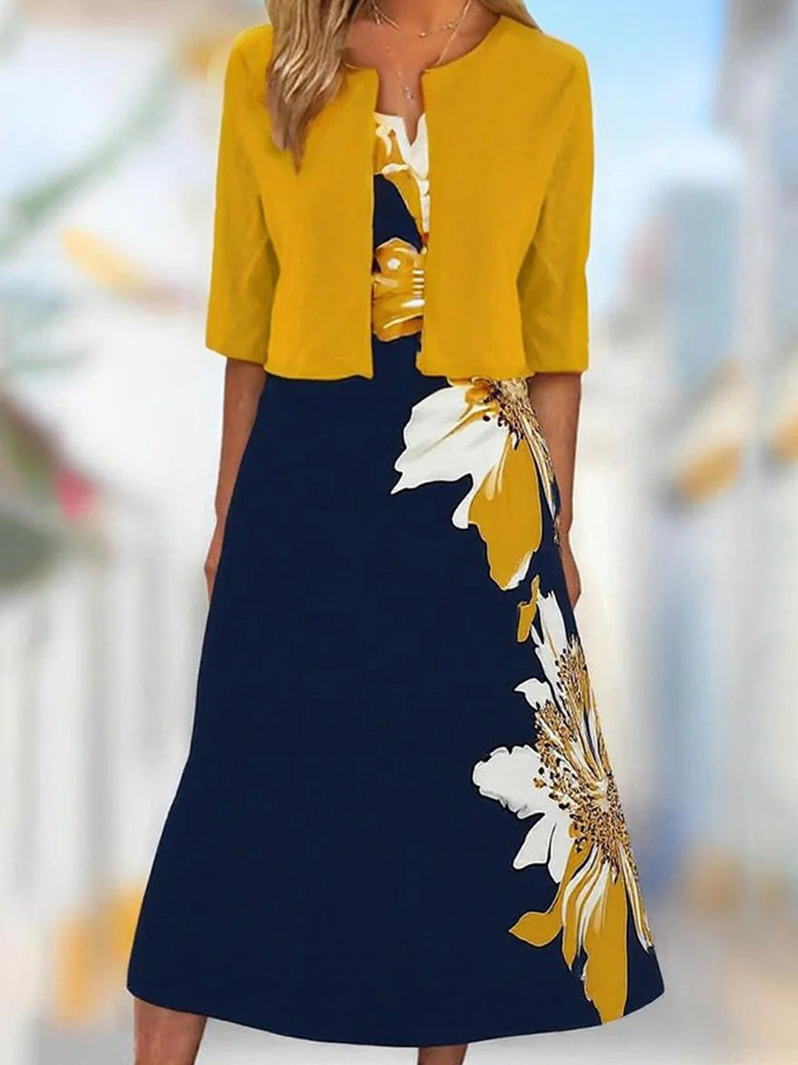 Floral Print Round Neck Half Sleeve Midi Dress