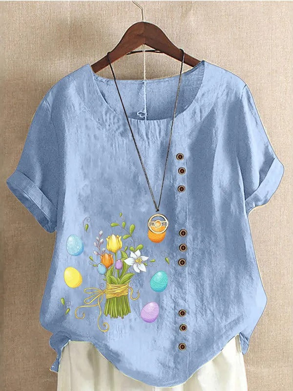 Light Blue Casual Round Neck Floral Printed Short Sleeve Blouse