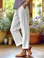 Women’s White Cotton Loose-Fit Pants with Pockets