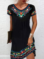 Ethnic Round Neck Short Sleeve Loose Black Dress