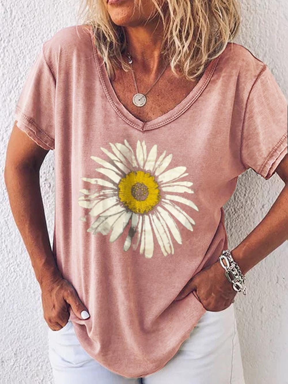 Lässiges Kurzarm-T-Shirt mit V-Ausschnitt, Blumenmuster und Print