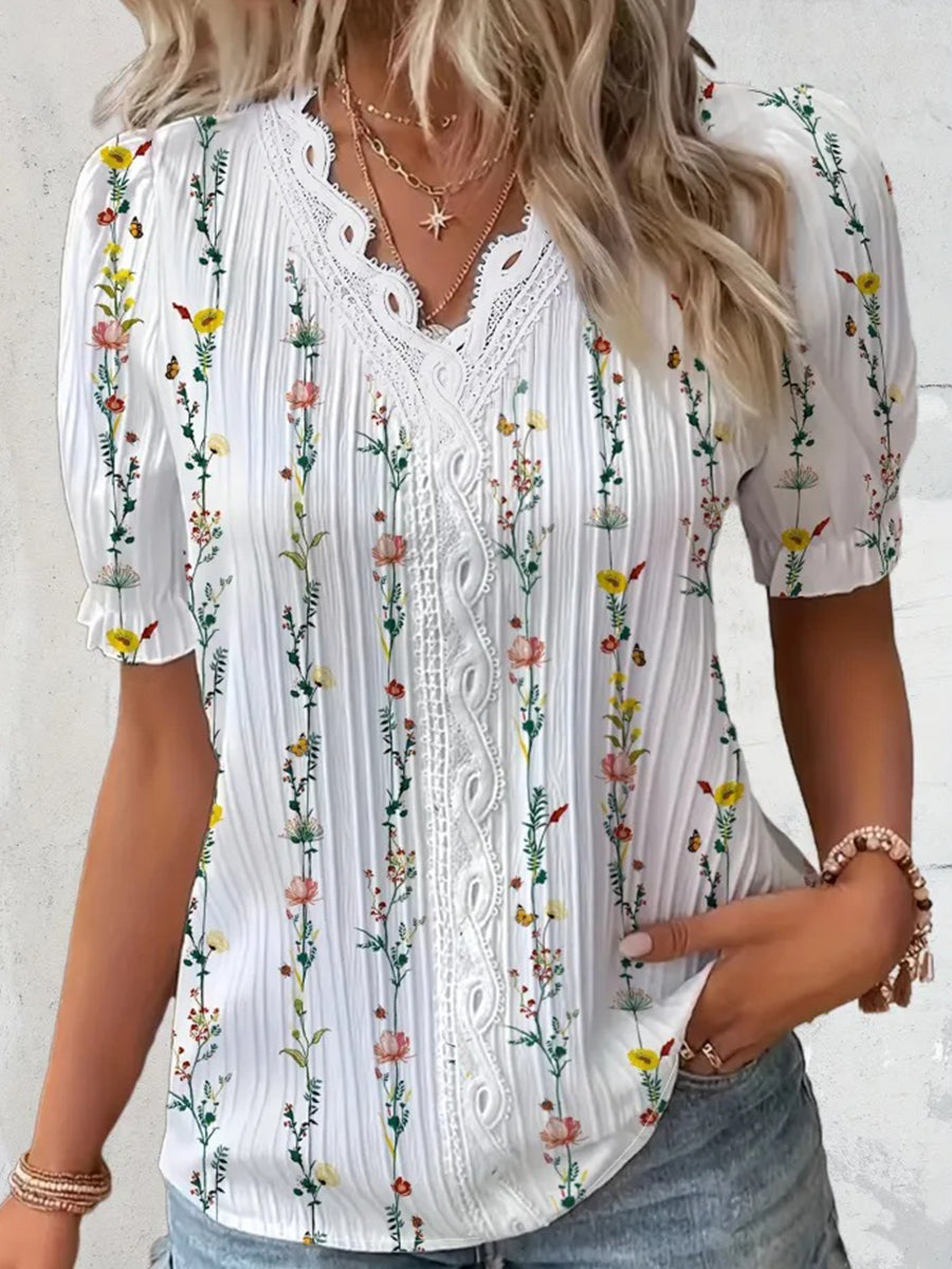 Floral Print Lace V Neck Blouse