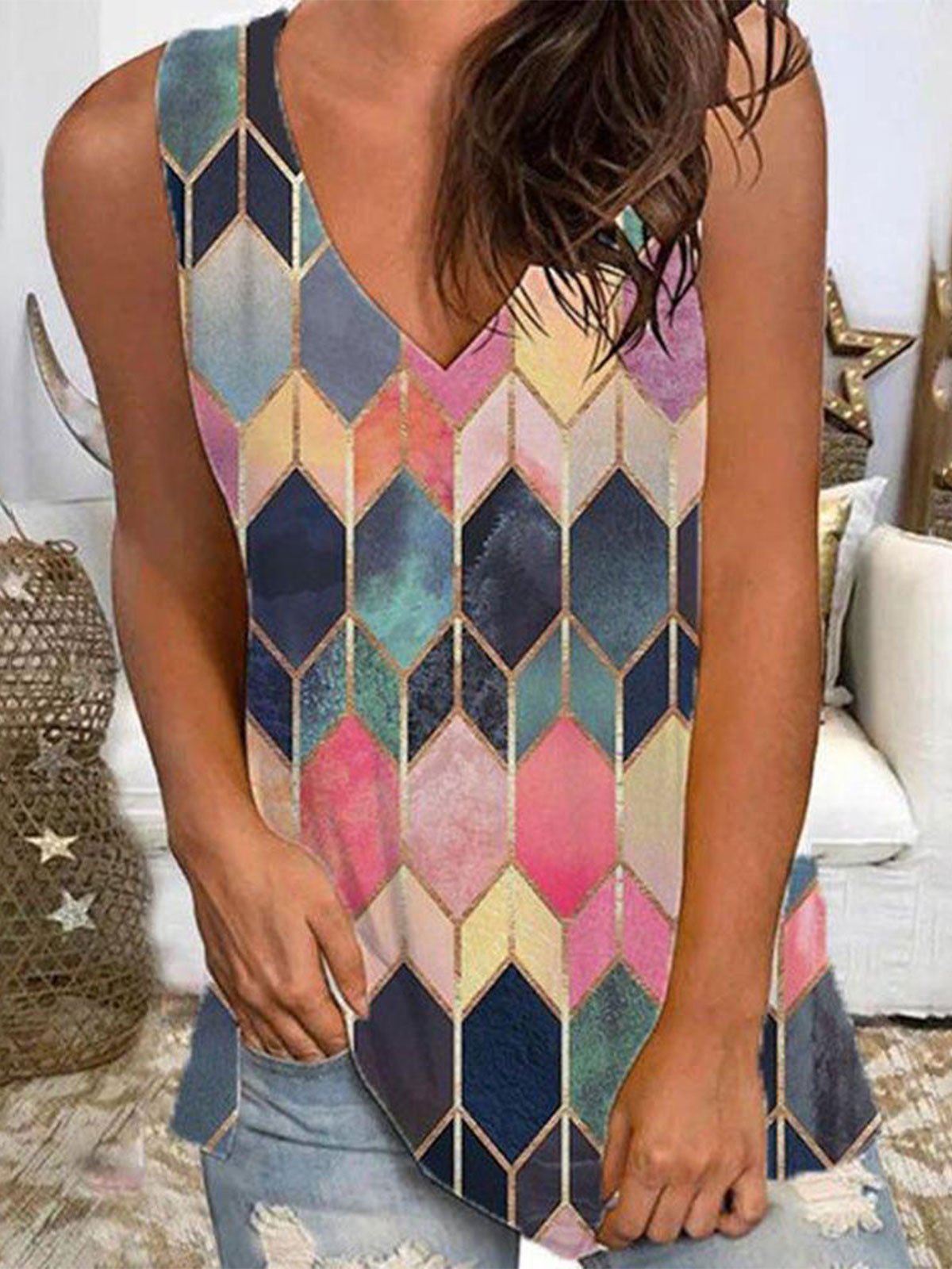 V-Neck Geometric Printed Sleeveless Blouse