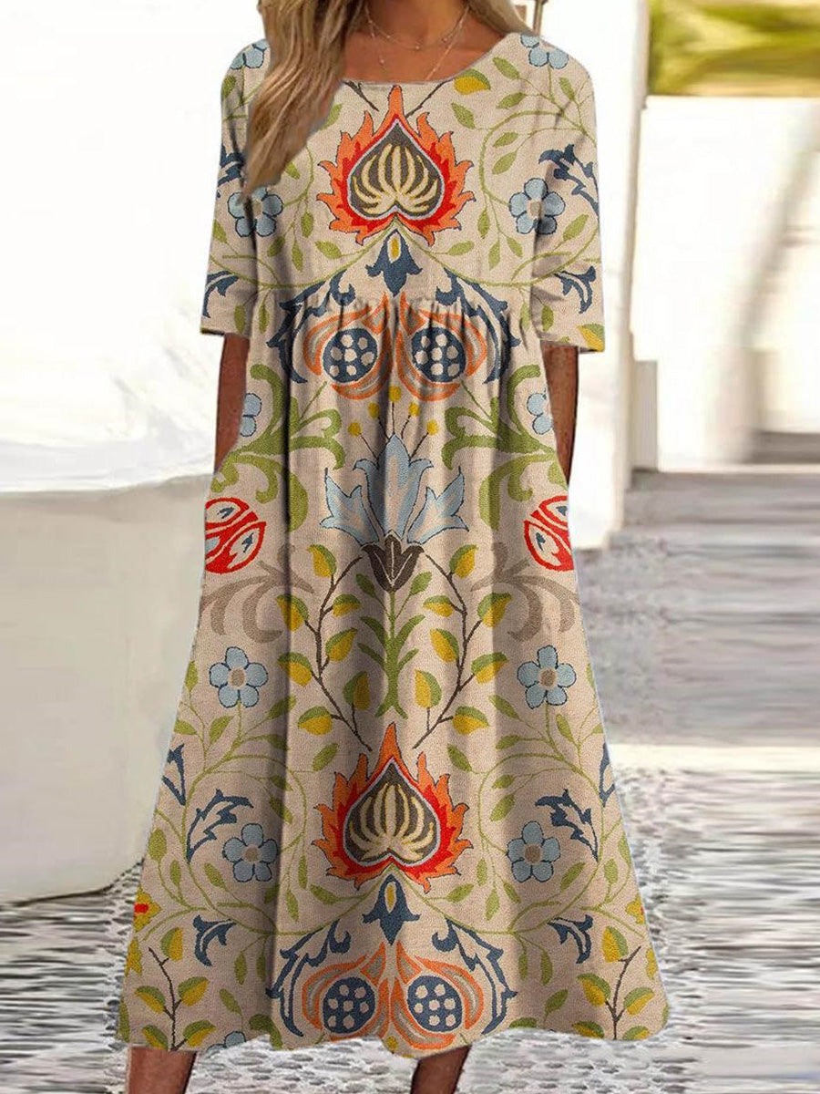 Robe midi tendance à col rond et manches courtes