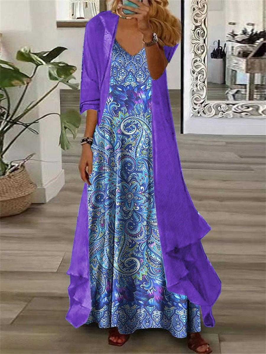 Floral Half Sleeve V-Neck Two Pieces Maxi Dress