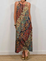 Women's Vintage Bohemian Ethnic Collage Art Print Sleeveless Pocket Dress