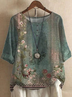Green Casual Round Neck Floral Printed Long Sleeve Blouse