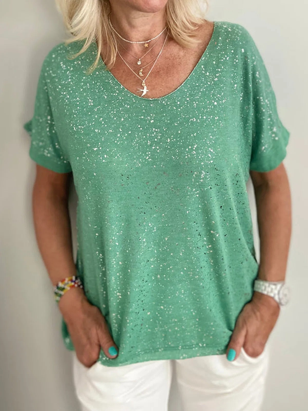Green Casual Round Neck Short Sleeve Solid Sequins Blouse