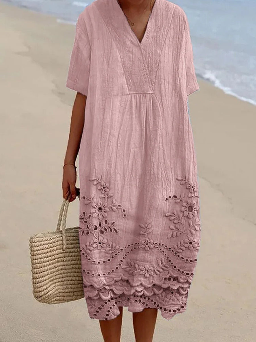 Floral Print Lace Hem V Neck Short Sleeve Flowy Dress
