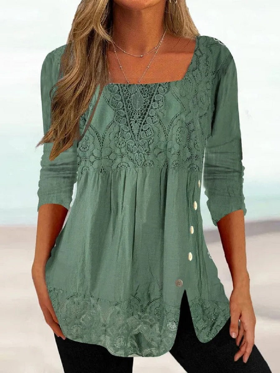 Women’s Lace Patchwork Square Neck Tunic Top with Side Buttons