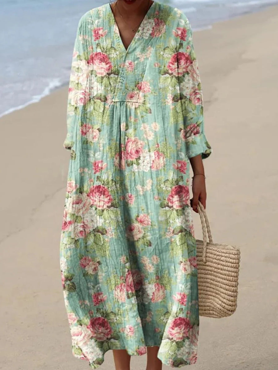 Green V-neck Long Sleeve Floral Print Maxi Dress