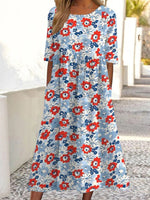 Robe midi à imprimé floral, col rond et manches courtes