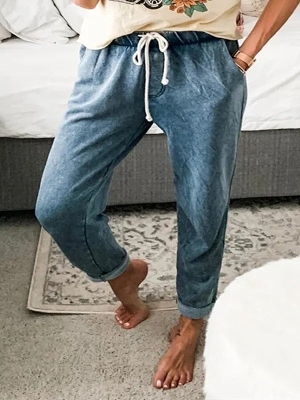 Blaue, einfarbige Freizeitjeans mit Kordelzug