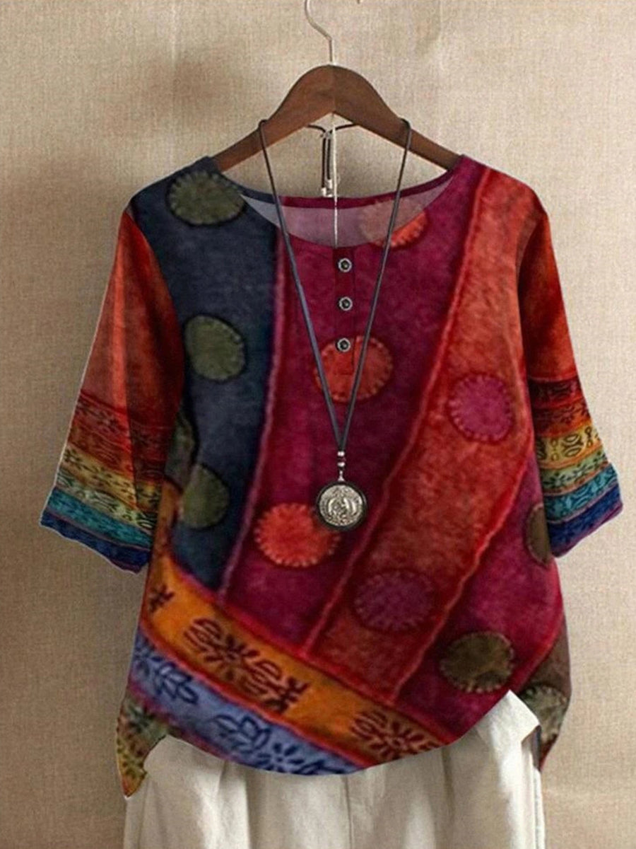 Lässiges, bedrucktes, locker sitzendes Oberteil mit Rundhalsausschnitt und Knöpfen