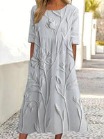 Grey Round Neck Short Sleeve Midi Dress