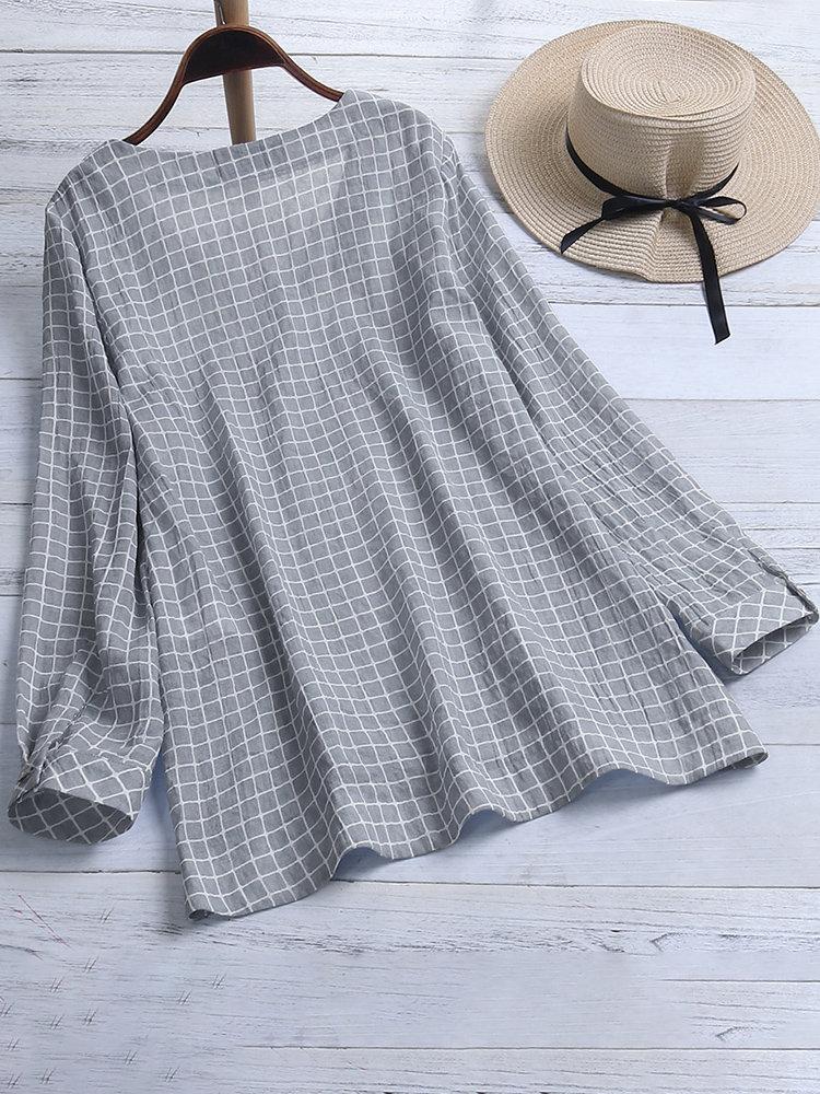 Casual Plaid Irregular Hem Button Plus Size Blouse